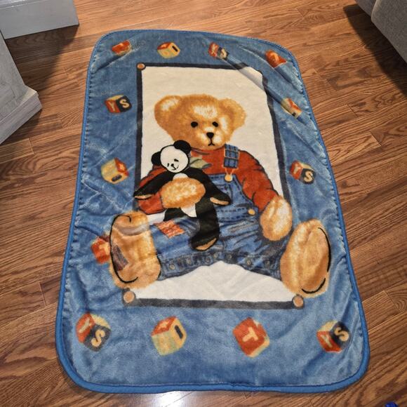 Vintage Springmaid Blue Jean Teddy Bear Plush Fleece Baby Blanket Baby Blocks